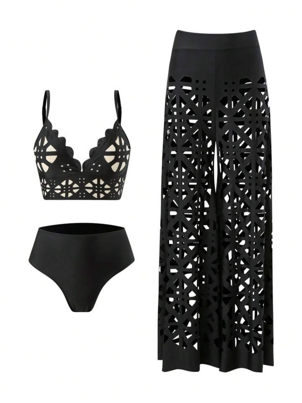 Women's Black Laser-Cut Wide Leg Pants - Chic Beach Cover-Up / swimsuit 3 pc - Picture 5 of 6